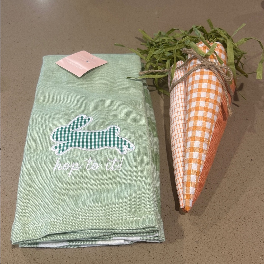 Orange Gingham Fabric Carrot Bundle - plus spring green kitchen towel set